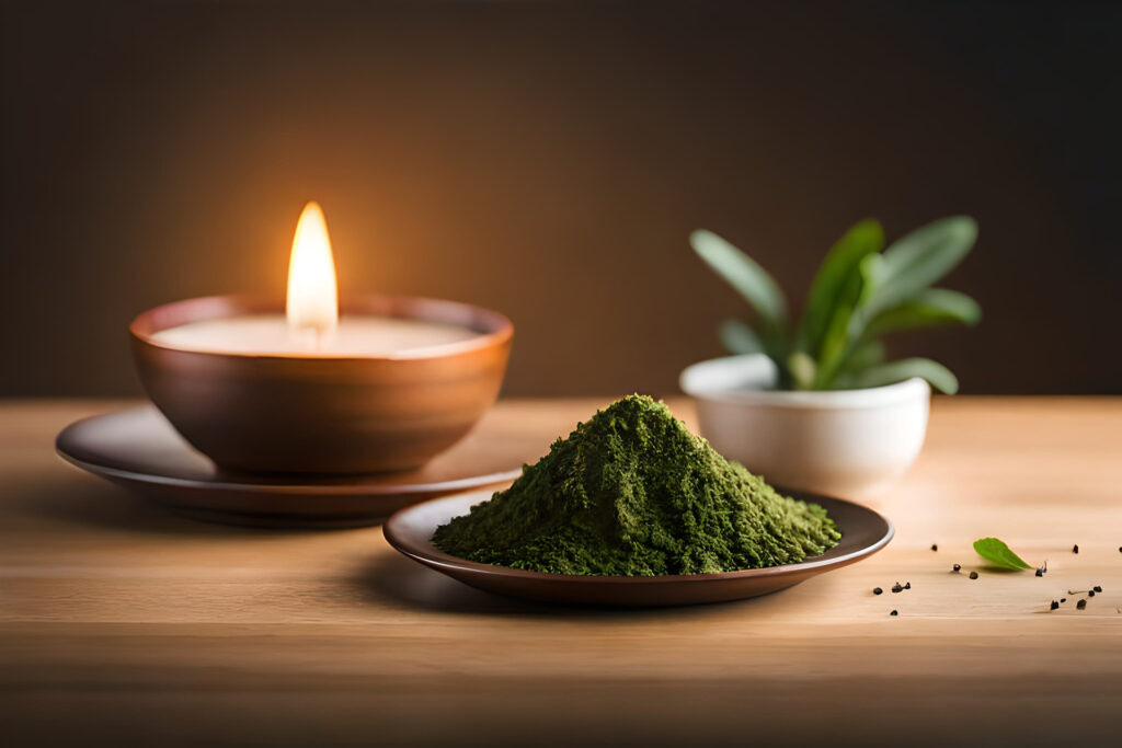 small-plate-green-powder-sits-wooden-table-candle